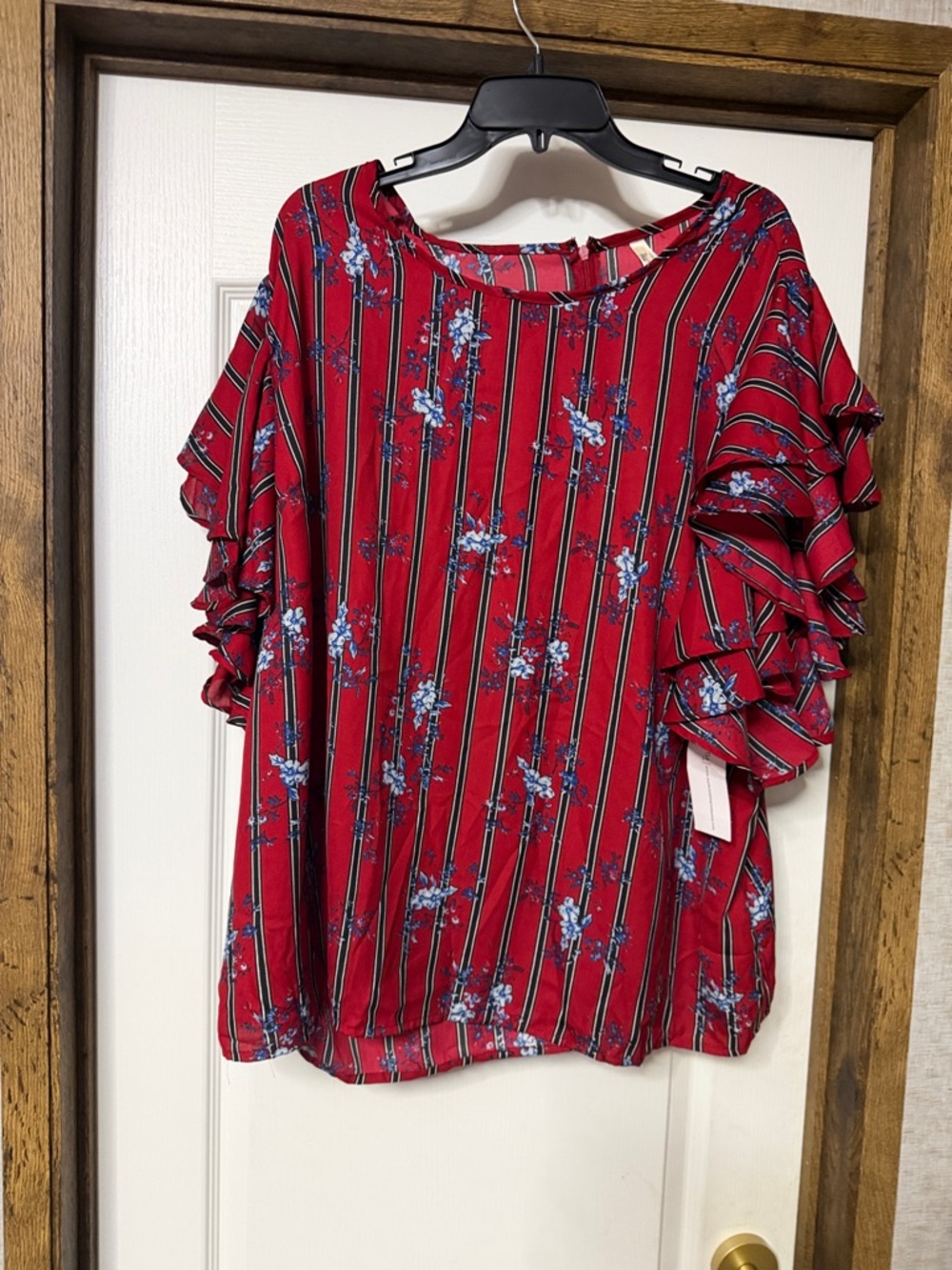 Truth Red Floral Stripe Ruffle Sleeve Blouse